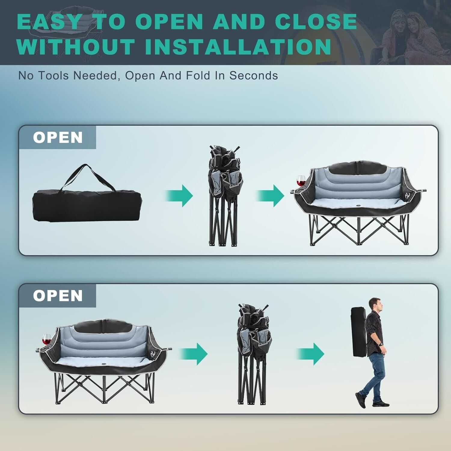 Double Camping Chair Heavy Duty Loveseat for 2