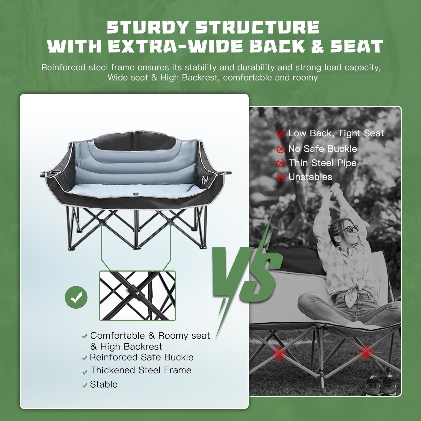 Double Camping Chair Heavy Duty Loveseat for 2