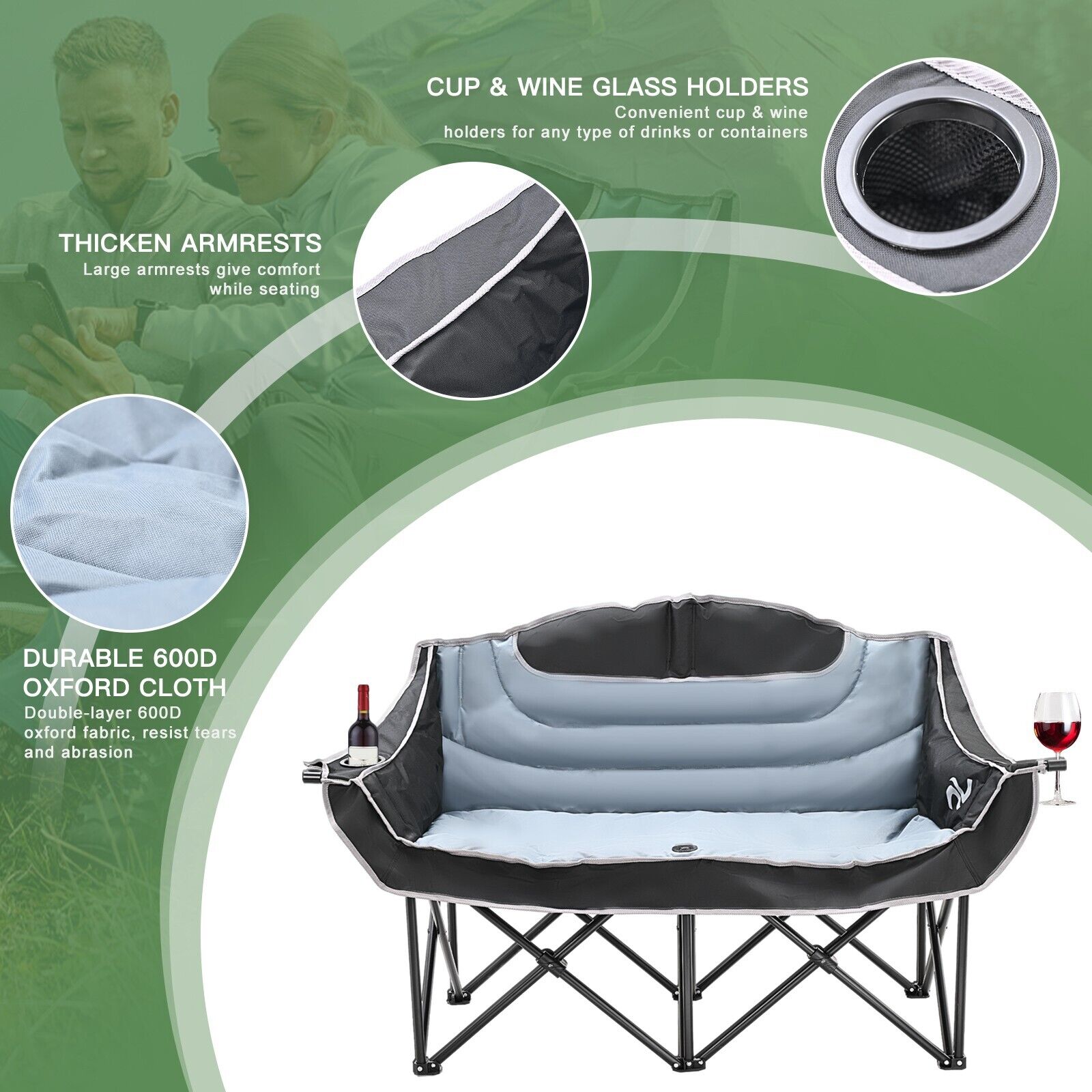Double Camping Chair Heavy Duty Loveseat for 2