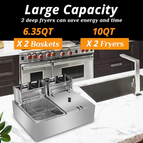 Winado 12.7QT Electric Deep Fryer - Stainless Steel, Dual Tank