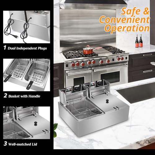Winado 12.7QT Electric Deep Fryer - Stainless Steel, Dual Tank