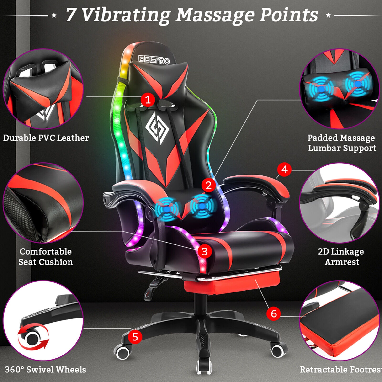Hoffree RGB Massage Gaming Chair with Footrest