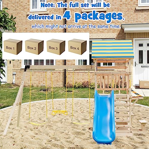 Wooden Outdoor Playhouse with Swings and Slide