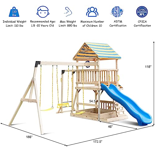 Wooden Outdoor Playhouse with Swings and Slide