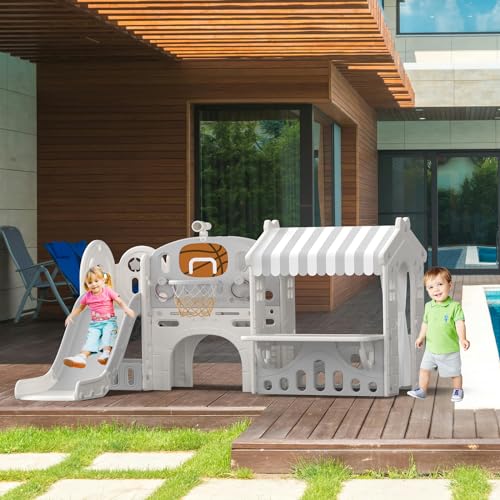 Toddler Slide Playhouse with Basketball Hoop and Tunnel