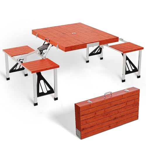 Wooden Folding Picnic Table with Umbrella Holder