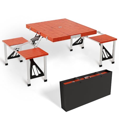 Wooden Folding Picnic Table with Umbrella Holder