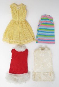 Vintage Barbie 1950s 1960s Handmade Dresses Lot of 4 Faux Fur, Gingham, Mini Mod