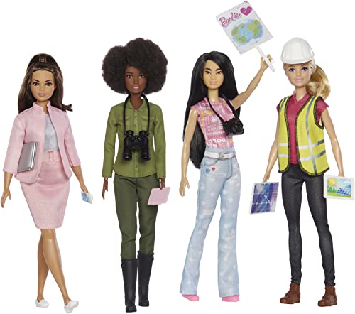 Barbie Eco-Leadership Team 4 Doll Set, Recycled Plastic (Except Head & Hair), Recycled Clothes Fabric, Accessories, Great Gift for Ages 3 Years Old & Up