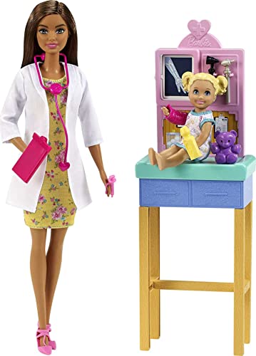 Barbie Careers Doll & Playset, Pediatrician Theme with Brunette Fashion Doll, 1 Patient Doll, Furniture & Accessories,White