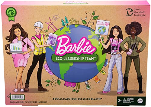 Barbie Eco-Leadership Team 4 Doll Set, Recycled Plastic (Except Head & Hair), Recycled Clothes Fabric, Accessories, Great Gift for Ages 3 Years Old & Up