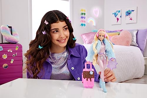 Barbie Extra Fly Doll with Snow-Themed Travel Clothes & Accessories, Sparkly Pink Jumpsuit & Faux Fur Coat For 3Y+