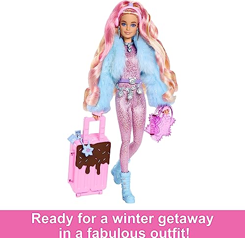 Barbie Extra Fly Doll with Snow-Themed Travel Clothes & Accessories, Sparkly Pink Jumpsuit & Faux Fur Coat For 3Y+
