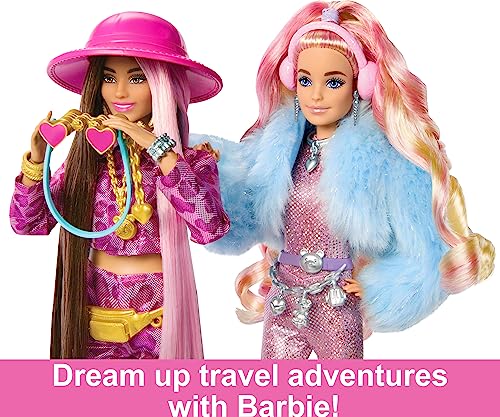 Barbie Extra Fly Doll with Snow-Themed Travel Clothes & Accessories, Sparkly Pink Jumpsuit & Faux Fur Coat For 3Y+