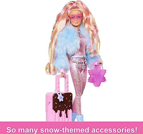 Barbie Extra Fly Doll with Snow-Themed Travel Clothes & Accessories, Sparkly Pink Jumpsuit & Faux Fur Coat For 3Y+