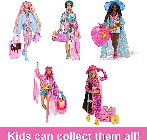 Barbie Extra Fly Doll with Snow-Themed Travel Clothes & Accessories, Sparkly Pink Jumpsuit & Faux Fur Coat For 3Y+