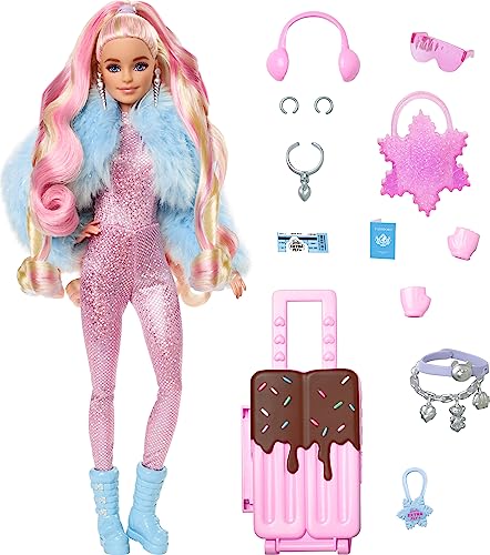 Barbie Extra Fly Doll with Snow-Themed Travel Clothes & Accessories, Sparkly Pink Jumpsuit & Faux Fur Coat For 3Y+