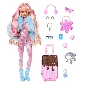 Barbie Extra Fly Doll with Snow-Themed Travel Clothes & Accessories, Sparkly Pink Jumpsuit & Faux Fur Coat For 3Y+