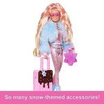 Barbie Extra Fly Doll with Snow-Themed Travel Clothes & Accessories, Sparkly Pink Jumpsuit & Faux Fur Coat For 3Y+