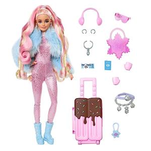 Barbie Extra Fly Doll with Snow-Themed Travel Clothes & Accessories, Sparkly Pink Jumpsuit & Faux Fur Coat For 3Y+