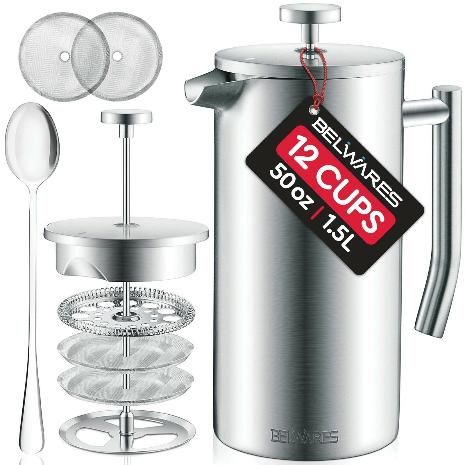 Large Stainless Steel French Press Coffee Maker - 1.5L
