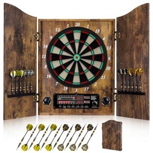Yirinatek Electronic Dart Board, [Cricket Game Build-in] Decorative Dart Board Cabinet Set for Adults [12*Bronze Soft Tip Darts] - Wooden Electric Dartboard Cabinet for Family Game Rooms (Vintage)