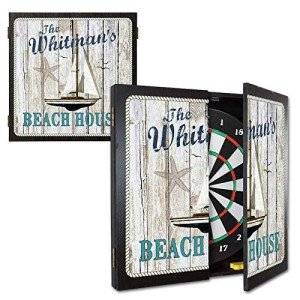 THOUSAND OAKS BARREL CO. | Personalized Dart Board Cabinet Set for Adults with 6 Steel Tip Darts (Summer Beach House Dartboard)
