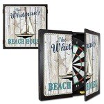 THOUSAND OAKS BARREL CO. | Personalized Dart Board Cabinet Set for Adults with 6 Steel Tip Darts (Summer Beach House Dartboard)
