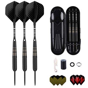 Steel Tip Darts Set for Dartboard, Professional Darts with Metal Tip 23 Grams, Brass Barrel + Black Aluminium Nylon Shafts 9 Flights 50 Rubber O-Rings 12 Spring Rings 1 Dart Sharpener Tool