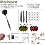 Steel Tip Darts Set for Dartboard, Professional Darts with Metal Tip 23 Grams, Brass Barrel + Black Aluminium Nylon Shafts 9 Flights 50 Rubber O-Rings 12 Spring Rings 1 Dart Sharpener Tool