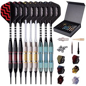 Darts Plastic Tip - Professional Soft Tip Darts Set for Electronic Dartboard 9 Pcs 18 Grams with 50 Extra Tips 9 Shafts 27 Flights Tool Kit Flight Protectors and Gift Darts Case (Blue)