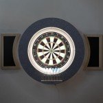 Dart Board Cabinet Set with LED Light; Bristle Dartboard, Built in LED Light, Darts and Chalkboards (Black Version)