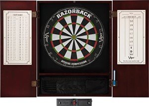 Viper Metropolitan Solid Wood Cabinet & Sisal/Bristle Dartboard Ready-to-Play Bundle: Elite Set (Razorback Dartboard, Darts and Laser Throw Line), Mahogany Finish