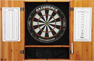 Viper Metropolitan Solid Wood Cabinet & Sisal/Bristle Dartboard Ready-to-Play Bundle: Premium Set (Razorback Dartboard and Darts), Oak Finish