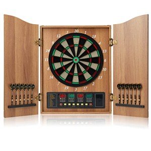 Hanbramo Dart Board, Decorative Dart Board Cabinet Set [12*Soft Tip Darts], Electronic Dart Board - Wooden Cabinet Doors with Integrated Scoreboard for Family Game Rooms (Apricot)