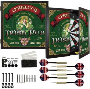 Personalized Dart Board Cabinet Set with 6 Steel Tip Darts Set, Paper Dartboard, Chalk & Eraser (21.5 x 21.5 x 2.75) - Man Cave Furniture, Decor Dart Boards for Adults - Irish Pub Design (118)