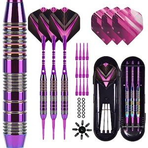 Himmbods Soft Tip Darts Set 3 Aluminum Shaft Professional Darts Plastic Tip Sets 2BA Replacement Tips + Extra 3 Dart Flights 3 Replace Plastic Shafts for Electronic Dart Board (Purple)