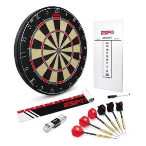 ESPN Dart Board Includes 6 Steel Tip Darts, Bristle Dartboard with Radial Spider Wire and Staple Free Bullseye, Ideal Party Games for Adults
