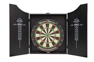 HAN'S DELTA Professional Bristle Dartboard Cabinet Set, Metal Corner Reinforcement, Regulation Steel Tip Dartboard, Includes 6 Steel Tip Darts and Scoreboards (Black)