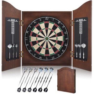 Yirinatek Sisal Dart Board Cabinet Sets, Decorative Dart Boards for Adults [12*Steel Darts] - Wooden Dartboard Cabinet with Integrated Scoreboard for Family Game Rooms (Coffee)