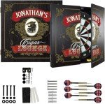 THOUSAND OAKS BARREL CO. | Personalized Dart Board Cabinet Set for Adults with 6 Steel Tip Darts (Cigar Lounge Dartboard)