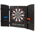Accudart Apollo Electronic Dartboard Cabinet - 38 Game Modes - 137 Game Variations - Advanced Features - Colorful Backlit Scoring - Cricket X/O Scoring - Integrated Black Woodgrain Doors