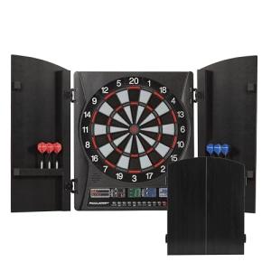 Accudart Apollo Electronic Dartboard Cabinet - 38 Game Modes - 137 Game Variations - Advanced Features - Colorful Backlit Scoring - Cricket X/O Scoring - Integrated Black Woodgrain Doors