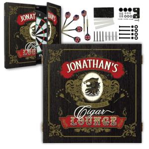 THOUSAND OAKS BARREL CO. | Personalized Dart Board Cabinet Set for Adults with 6 Steel Tip Darts (Cigar Lounge Dartboard)