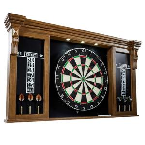 Barrington Woodhaven Dartboard LED Display Wood Cabinet with 18in Bristle Dartboard and Steel Tip Dart Set Perfect for Cricket Games