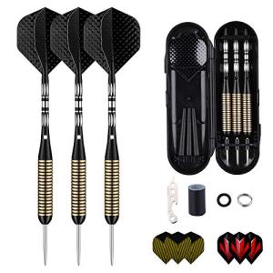 Steel Tip Darts Set for Dartboard, Professional Darts with Metal Tip 27 Grams, Brass Barrel + Black Aluminium Nylon Shafts 9 Flights 50 Rubber O-Rings 12 Spring Rings 1 Dart Sharpener Tool