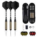 Steel Tip Darts Set for Dartboard, Professional Darts with Metal Tip 27 Grams, Brass Barrel + Black Aluminium Nylon Shafts 9 Flights 50 Rubber O-Rings 12 Spring Rings 1 Dart Sharpener Tool