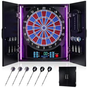 Electronic Dart Board, Electric Dartboard Cabinet Set for Adults [6 Soft Tip Darts] Individual Light Color for Each Player, Wooden Dartboard Cabinet for Family Game - Black