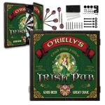 Personalized Dart Board Cabinet Set with 6 Steel Tip Darts Set, Paper Dartboard, Chalk & Eraser (21.5 x 21.5 x 2.75) - Man Cave Furniture, Decor Dart Boards for Adults - Irish Pub Design (118)