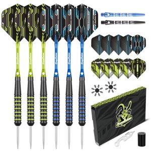 MageRabbit Professional Metal Tip Darts 6Pcs 22g, Tournament-Grade Steel Tip Darts with Extra16 Dart Flights, 8 Shafts & Sharpener ，Complete Dart Accessories Kit for League Play